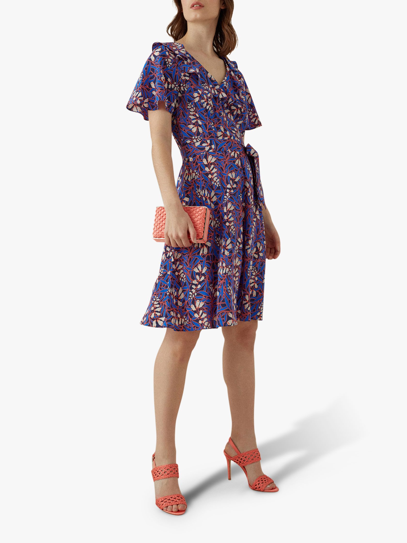 Karen Millen Floral Ruffle Mini Silk Dress, Blue/Multi at John Lewis ...