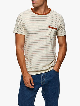 SELECTED HOMME Francis Cotton Linen Stripe T-Shirt, White