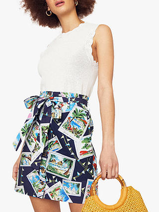 Oasis Belted Tropical Print Skirt, Blue/Multi