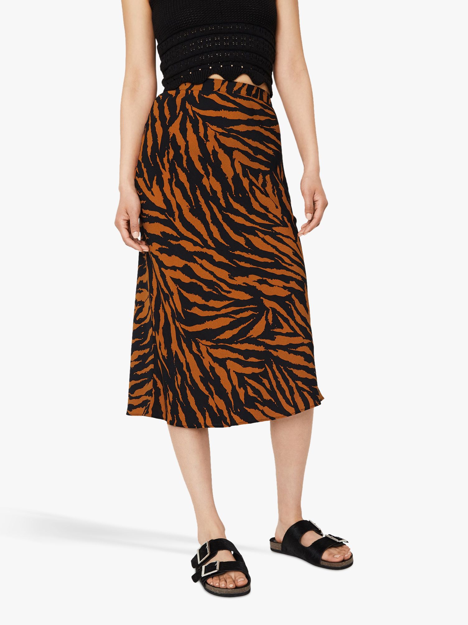 Warehouse Tiger Print Midi Skirt, Black Pattern at John Lewis & Partners
