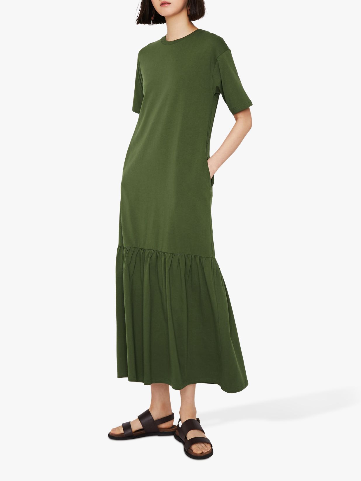 Warehouse T-Shirt Tiered Maxi Dress, Khaki Green