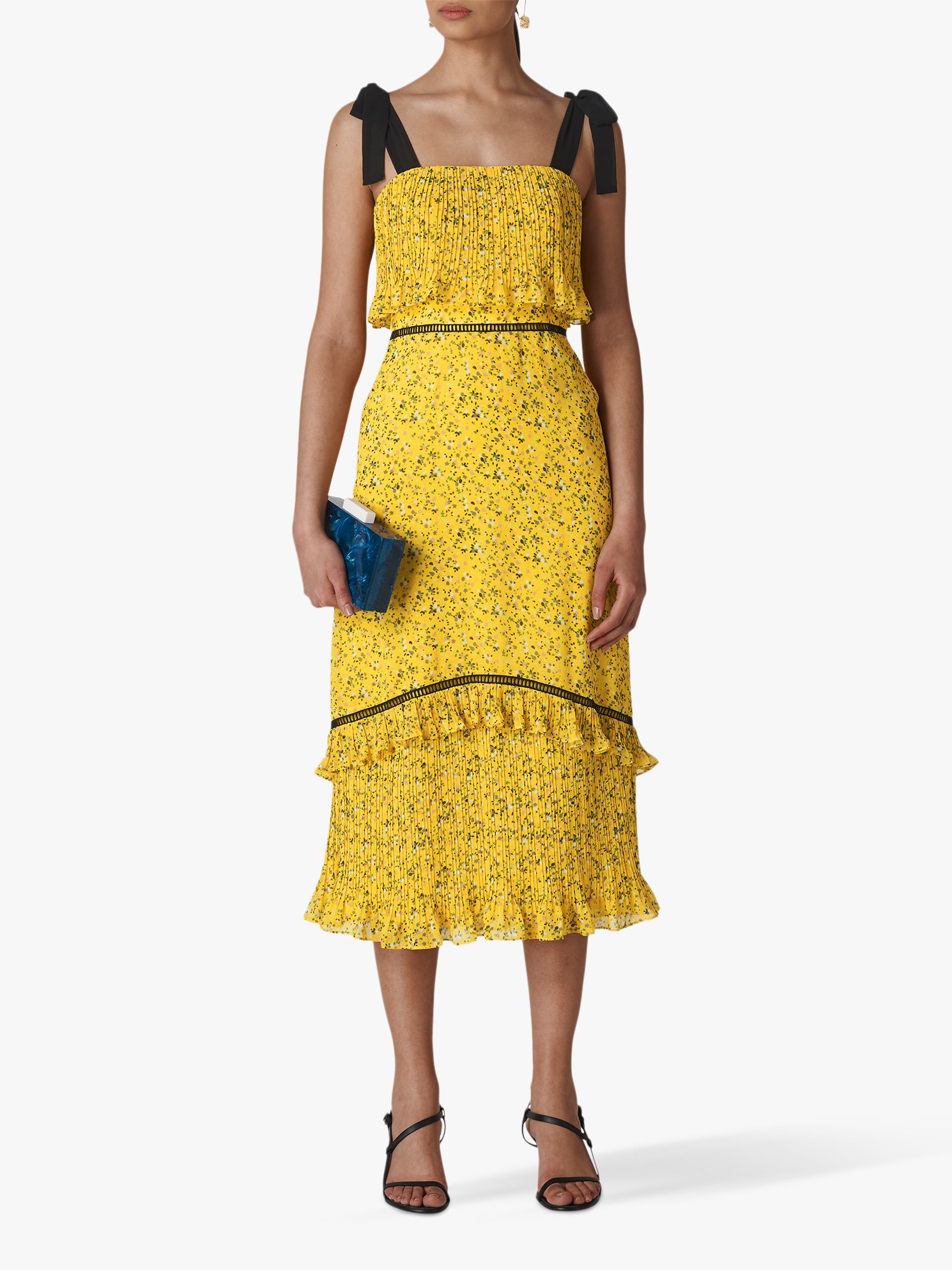 Whistles Ditsy Blossom Pleated Dress, Yellow, 6