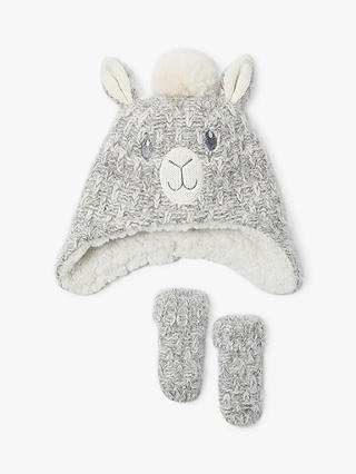 John Lewis & Partners Baby Llama Hat And Glove Set, Grey