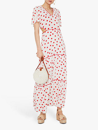 Warehouse Spot Tiered Maxi Dress, White/Red