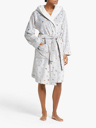 John Lewis & Partners Foil Star Print Fleece Robe, Grey/Rose Gold