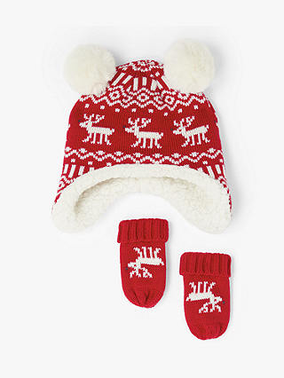 John Lewis Baby Reindeer Hat Christmas Mitts Gloves Set /12-24 Months 