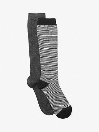 John Lewis Women's Stripe and Plain Knee High Socks, Pack of 2, Black/Dark Grey