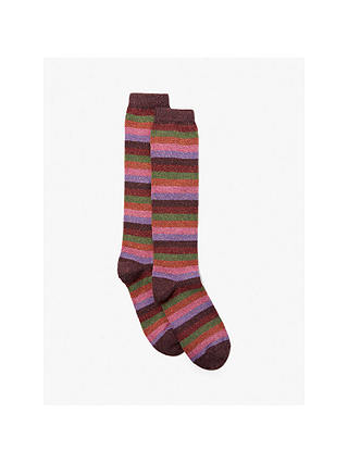 John Lewis & Partners Women's Wool and Silk Mix Stripe Wellington Boots Knee High Socks, Multi