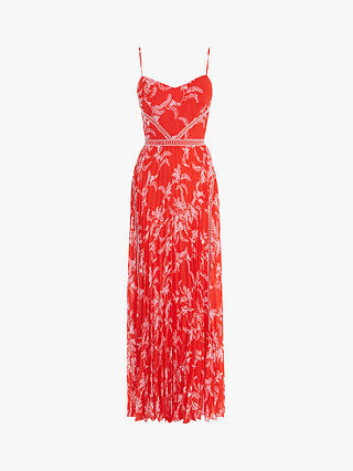 Karen Millen Pleated Floral Maxi Dress, Red/Multi