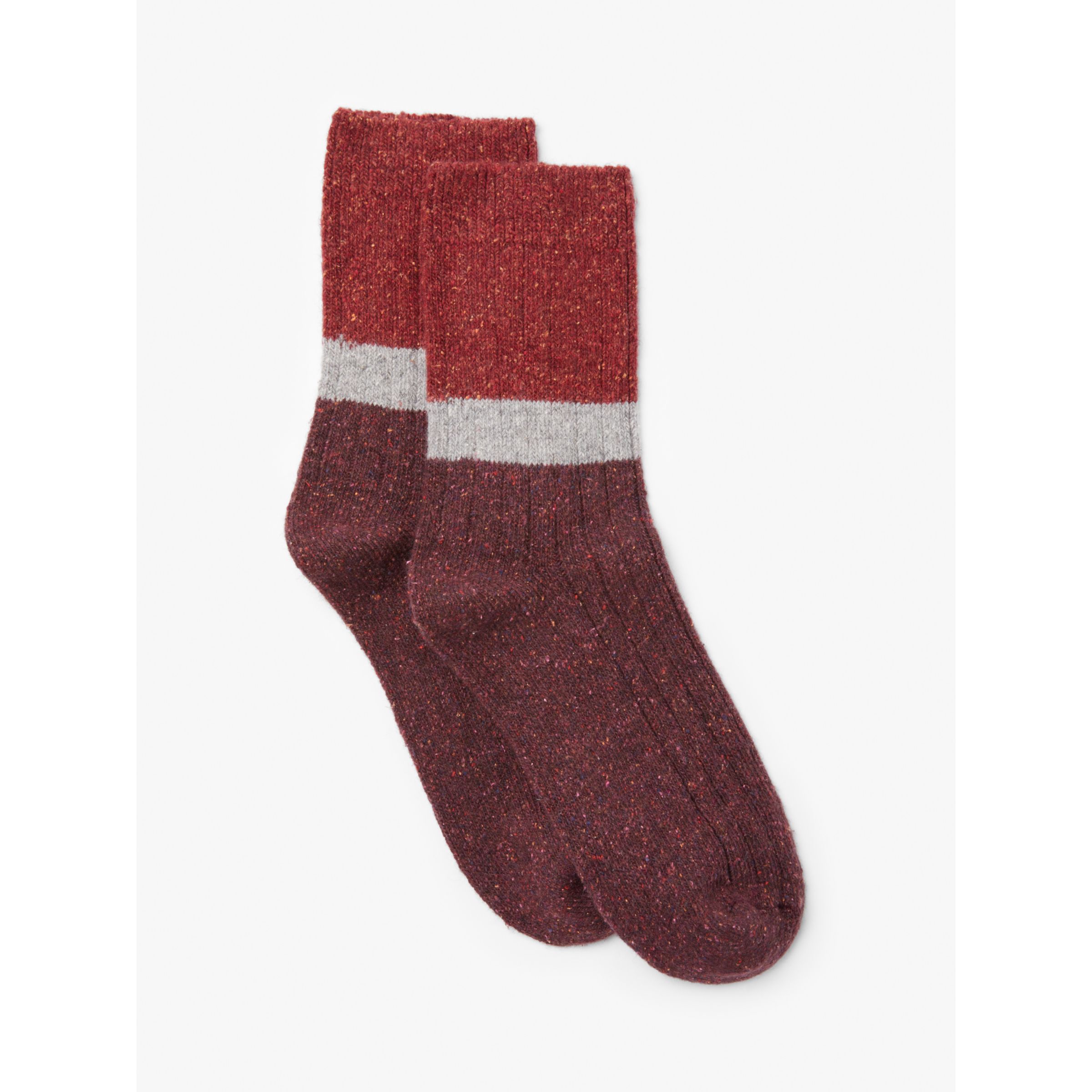 John Lewis & Partners Women's Wool and Silk Mix Colour Block Ankle Socks, Burgundy/Grey