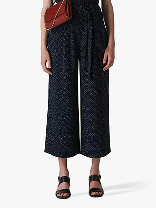 Whistles Micro Spot Tie Waist Cropped Trousers, Navy