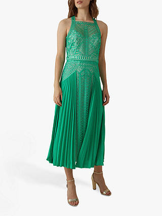 Karen Millen Pleated Lace Midi Dress, Green