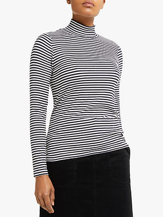 Collection WEEKEND by John Lewis Stripe Funnel Neck Ribbed Top, Navy/Ivory