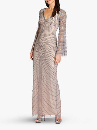 Adrianna Papell Beaded Bell Sleeve Column Dress, Mercury/Nude