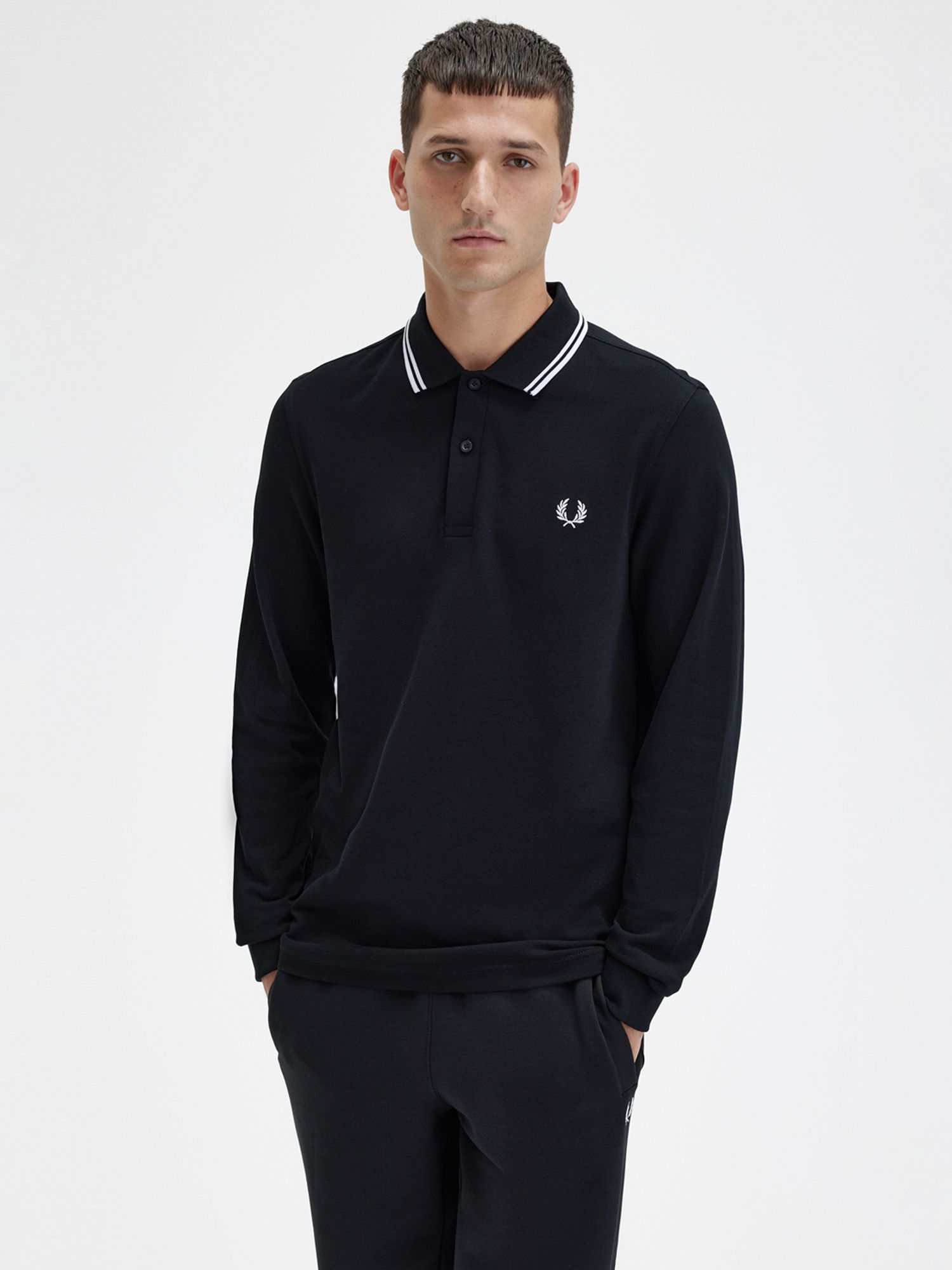 Fred Perry Twin Tipped Long Sleeve Polo Shirt, Black at John Lewis ...