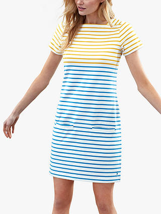 Joules Francis Square Neck Stripe Cotton Dress, Gold/Blue