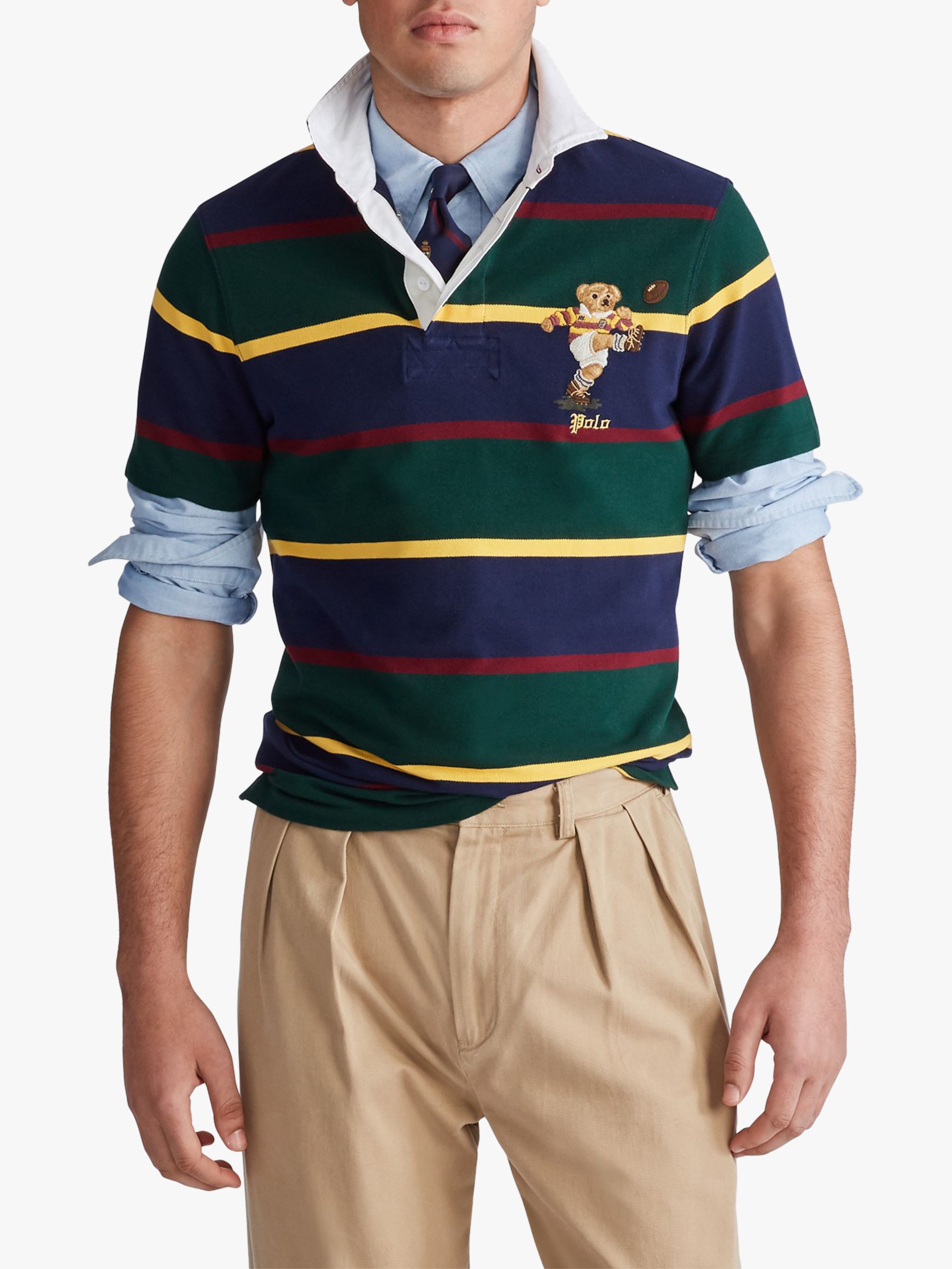 Polo Ralph Lauren Stripe Rugby Bear Polo Shirt, College Green Multi