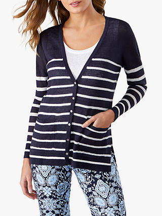Pure Collection Linen Stripe Cardigan, Navy