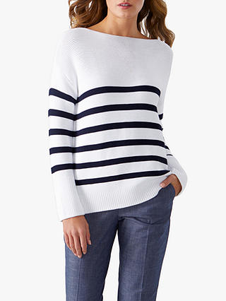 Pure Collection Cotton Boat Neck Sweater, White/Navy Stripe