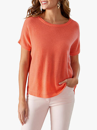 Pure Collection Gassato Cashmere Curved Hem T-Shirt, Spring Coral