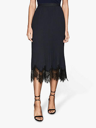 Reiss Ania Lace Detail Pleated Skirt, Navy
