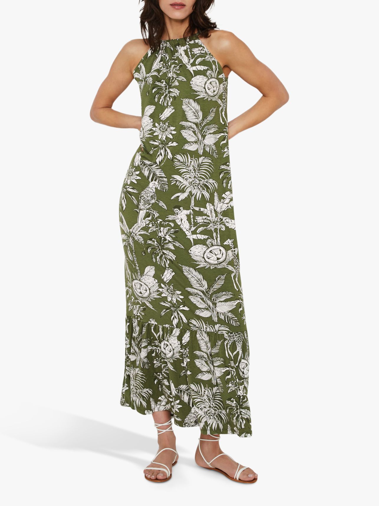 Warehouse Jungle Print Halter Neck Maxi Dress, Khaki