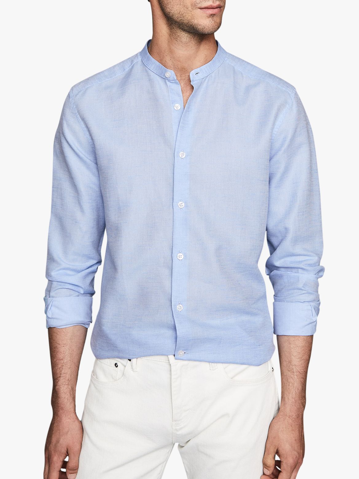 Reiss Casey Cotton Linen Grandad Shirt, Soft Blue at John Lewis & Partners