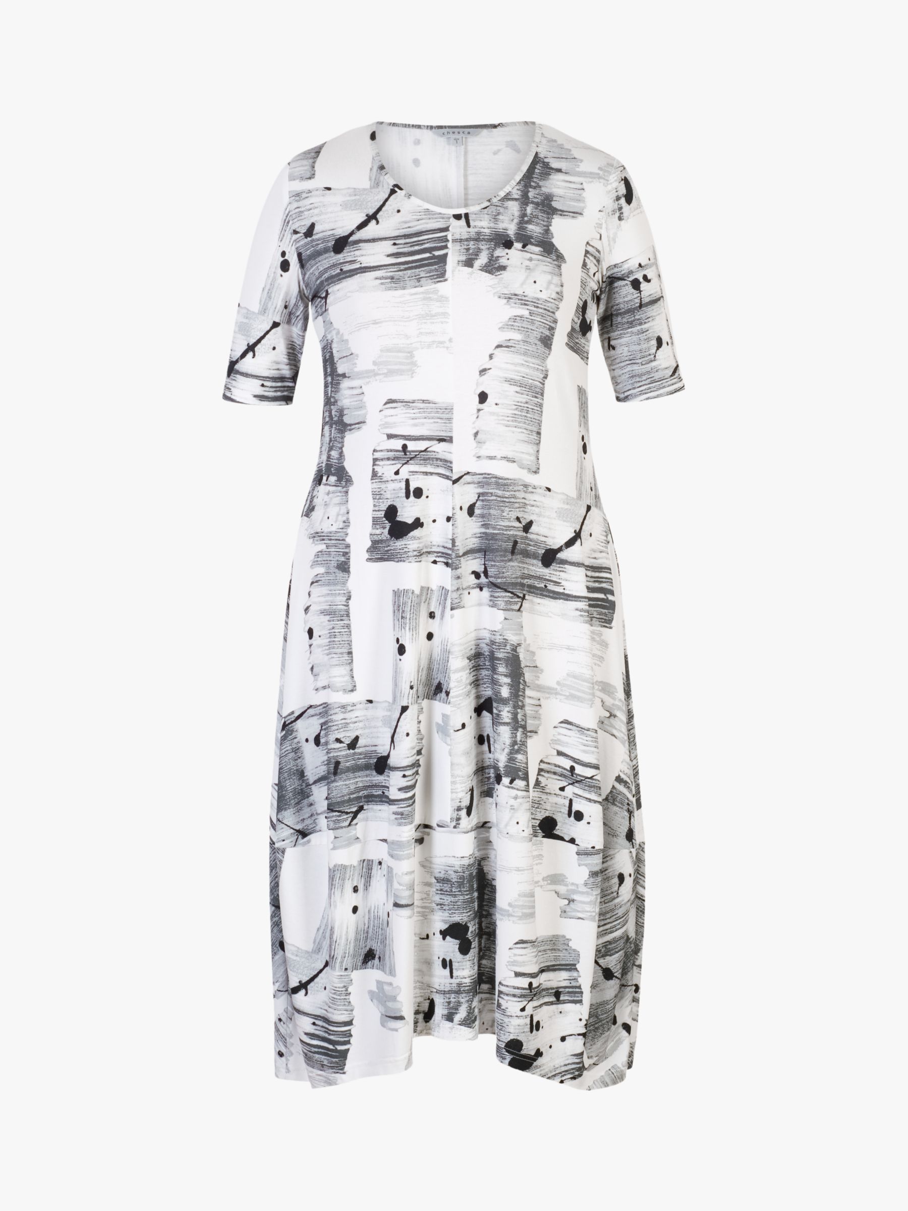 chesca Brush Stroke Print Jersey Dress, Ivory/Grey, 12-14