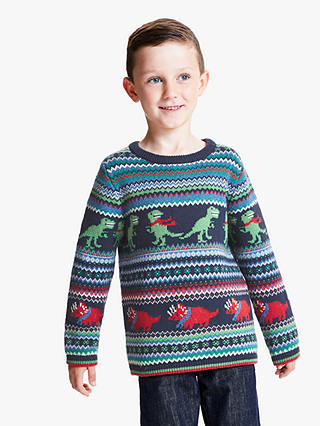 John Lewis & Partners Boys' Festive Dinosaur Knitted Christmas Jumper, Navy