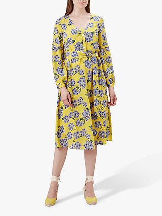 Hobbs Cara Floral Print Silk Dress, Yellow/Blue