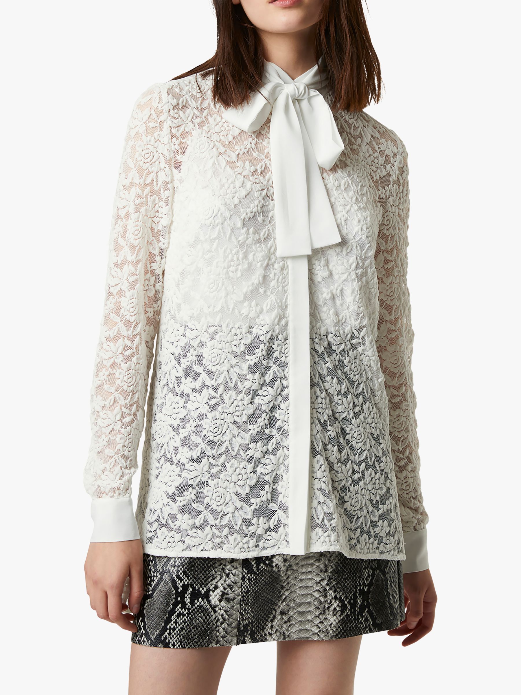 French Connection Baen Tie Neck Lace Blouse, Winter White