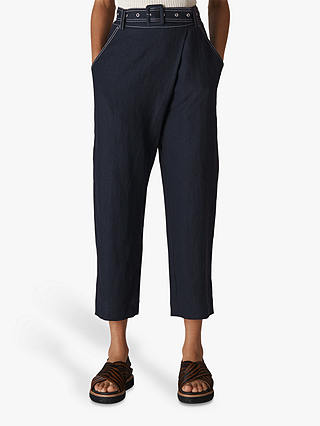 Whistles May Linen Wrap Front Cropped Trousers, Navy