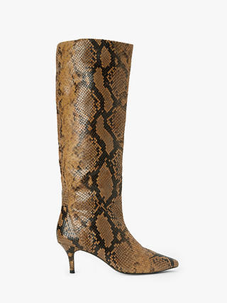 AND/OR Viola Leather Snake Print Stiletto Knee High Boots, Tan