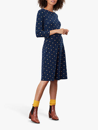 Joules Shay Waisted Polka Dot Jersey Dress, French Navy Corn