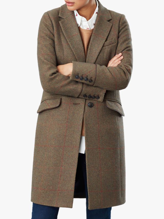 Joules Langley Tweed Longline Coat, Green, 6