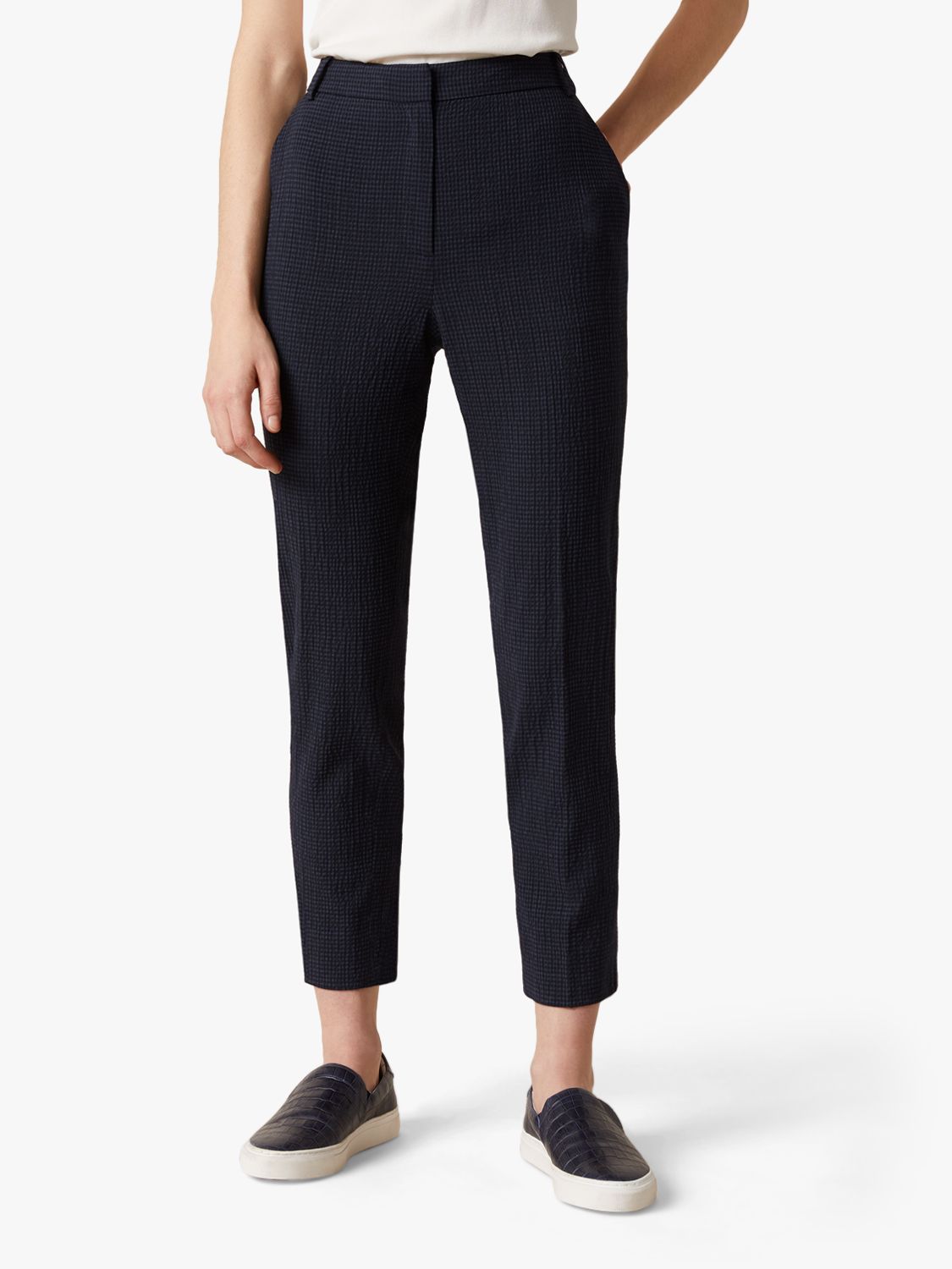 Jigsaw Relaxed Check Portofino Trousers, Navy at John Lewis & Partners