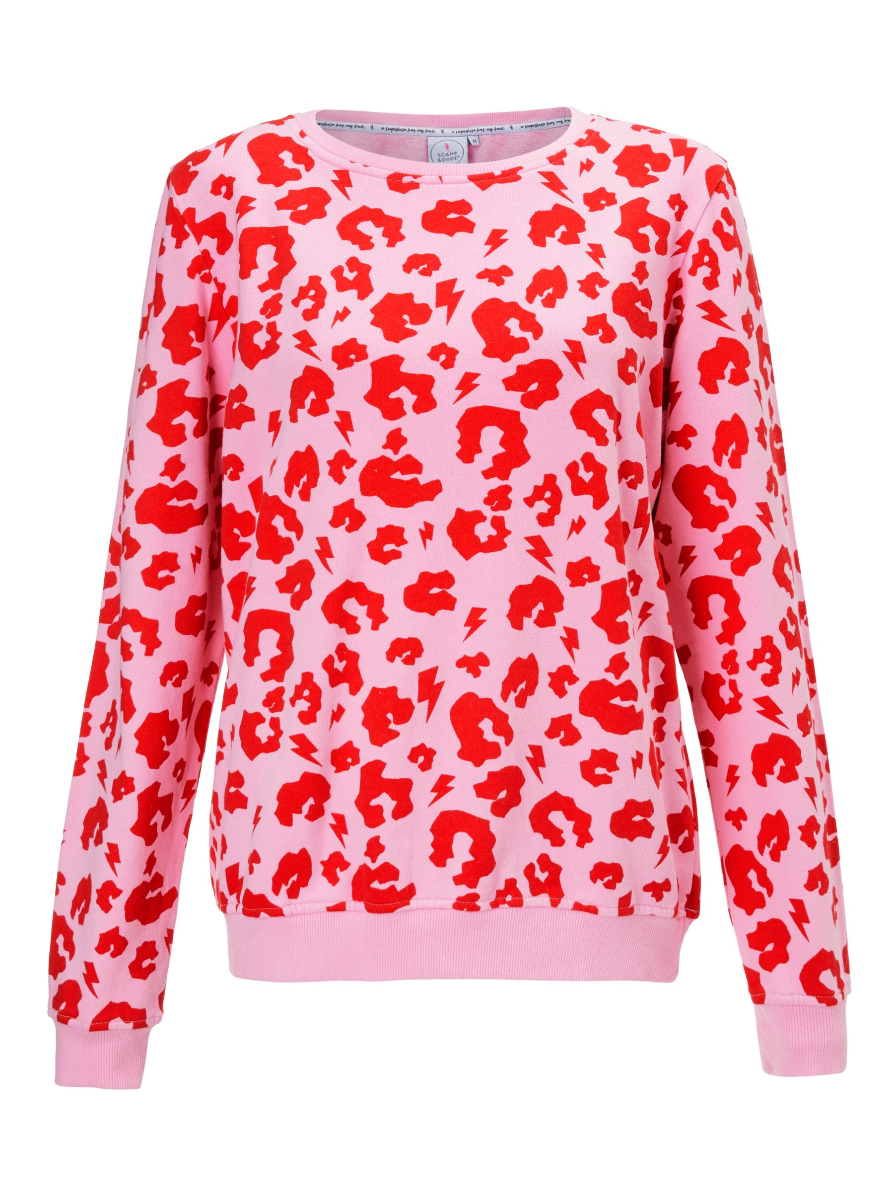Scamp & Dude Unisex Crew Neck Leopard Print Sweatshirt, Pink/Red, XS