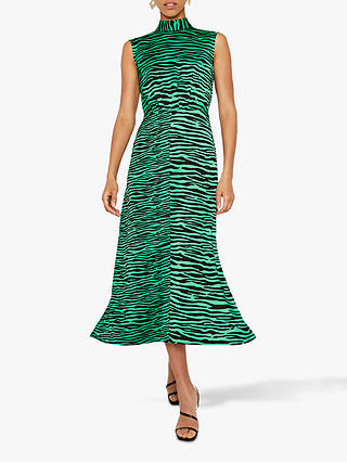 Warehouse Tiger High Neck Midi Dress, Green