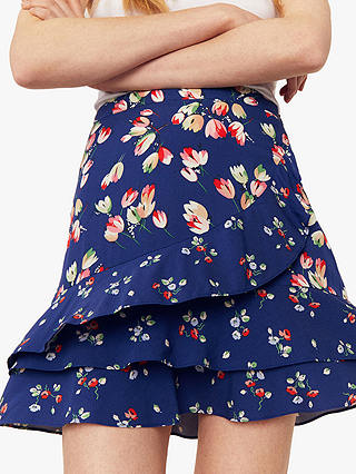 Oasis Ditsy Print Ruffle Skirt, Multi Blue