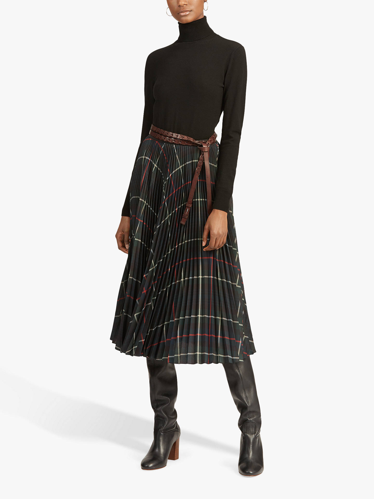 Polo Ralph Lauren Pleated Midi Skirt, Green Tartan at John Lewis & Partners