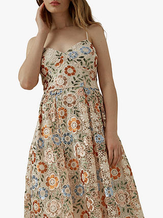 Karen Millen Sequin Lace Midi Dress, Ivory/Multi