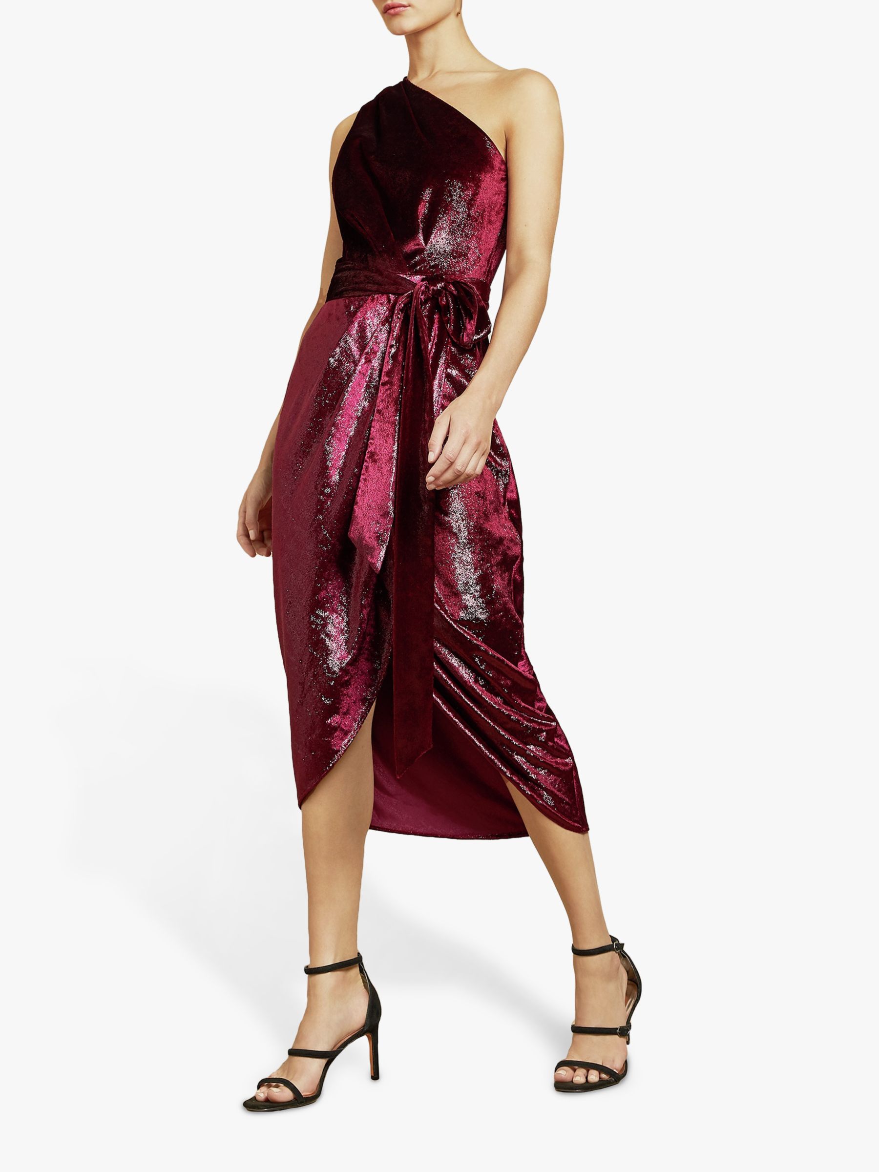Ted Baker Abinaa Metallic One Shoulder Midi Dress, Red Bordeaux, XXS