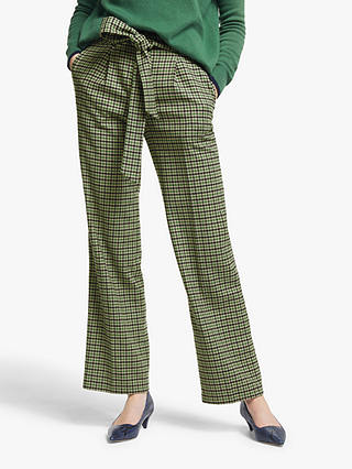 Boden Wool Blend Tweed Tie Waist Trousers, Green/Ivory Check