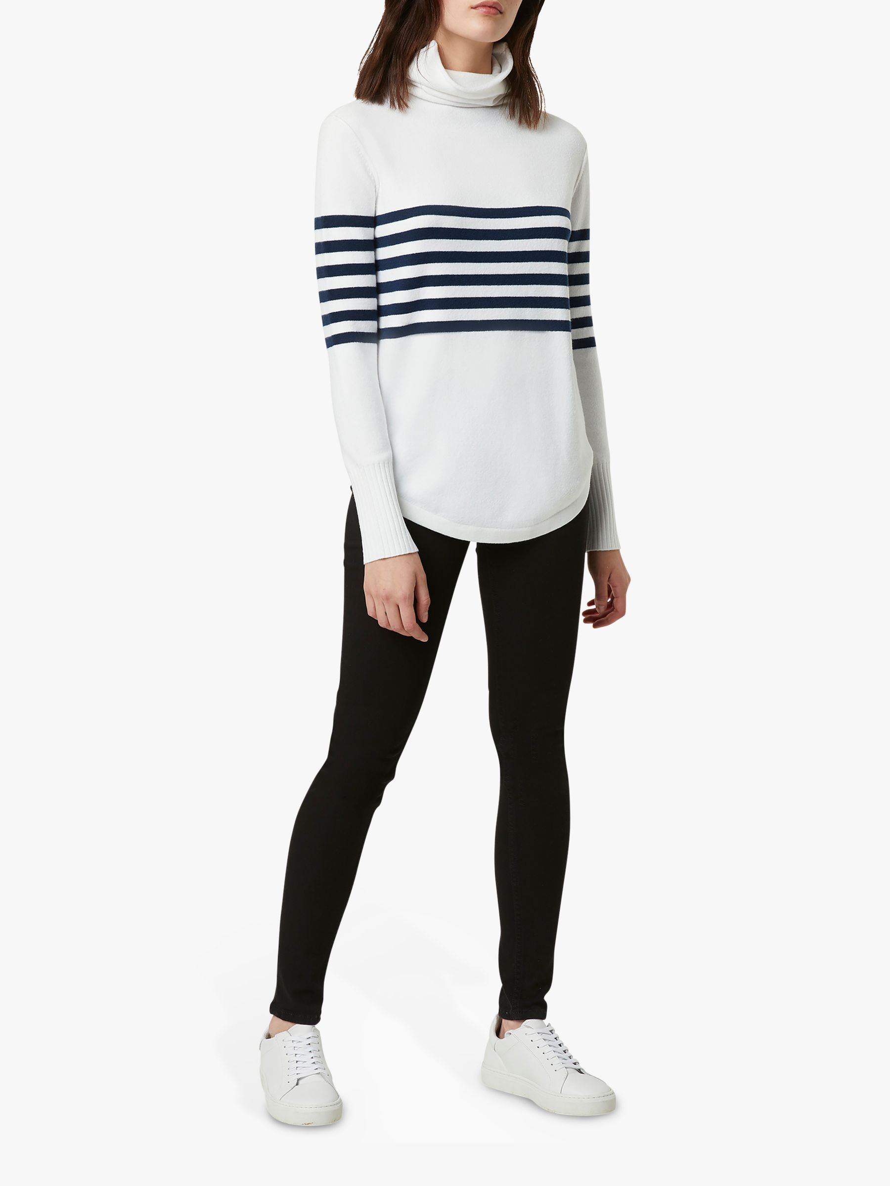 French Connection Roll Neck Placement Stripe Jumper, White/Navy at John ...