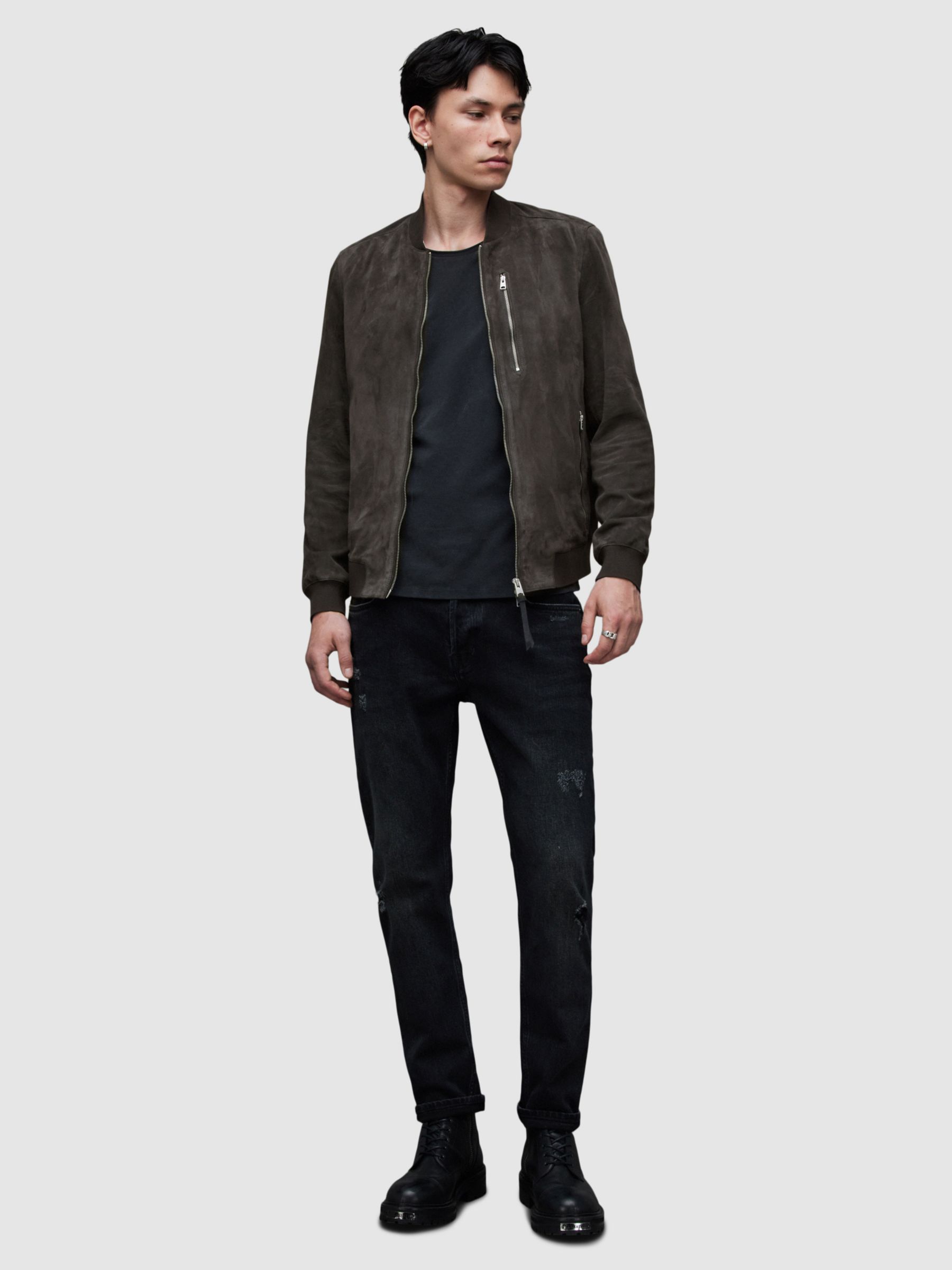 AllSaints Kemble Suede Bomber Jacket, Soot Grey at John Lewis & Partners