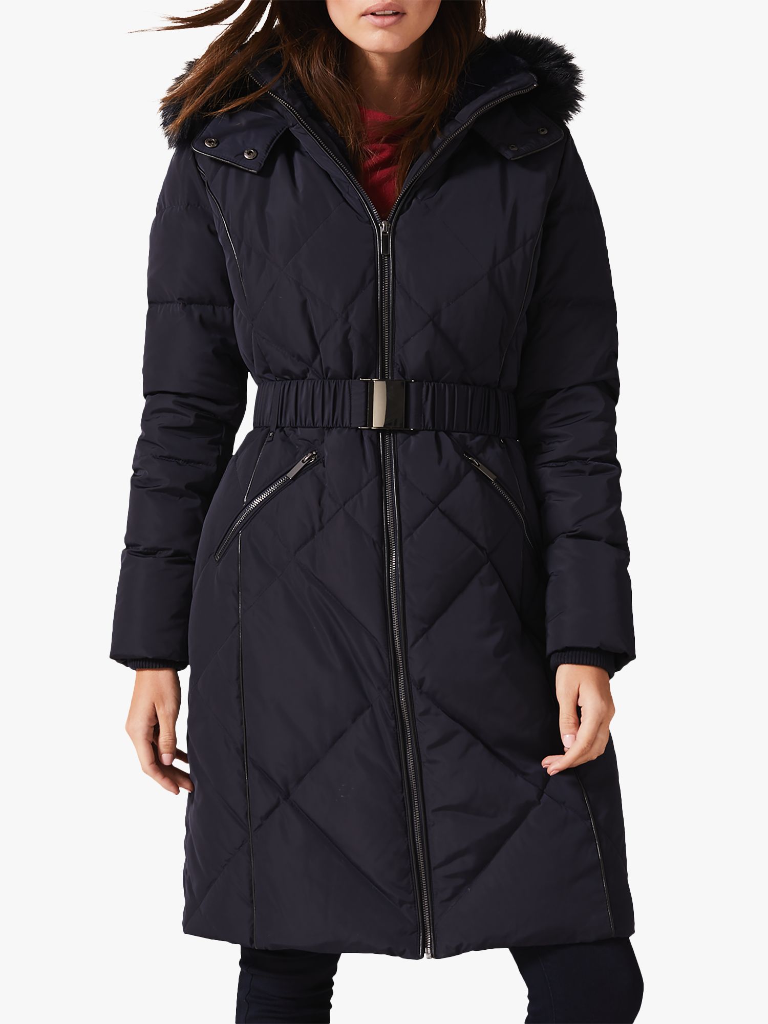 Phase Eight Lacey Faux Fur Trim Puffer Coat, Navy at John Lewis & Partners