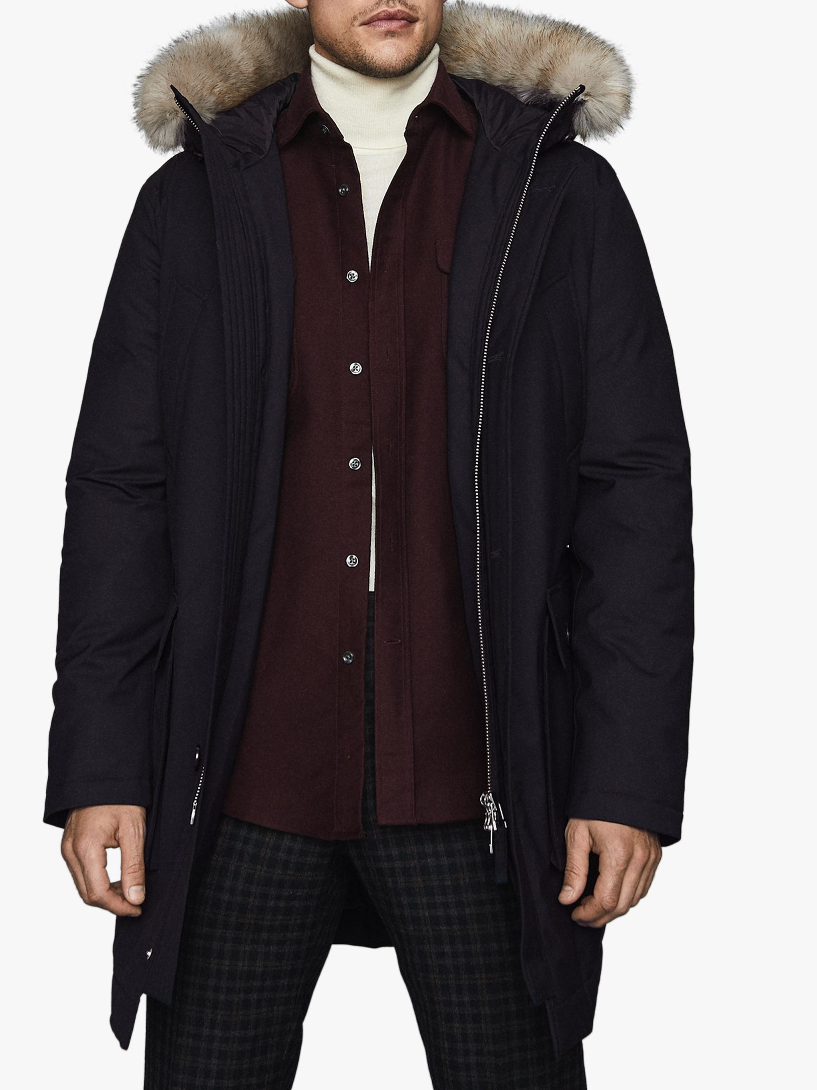 Reiss Pacific Faux Fur Hooded Parka, Navy at John Lewis & Partners