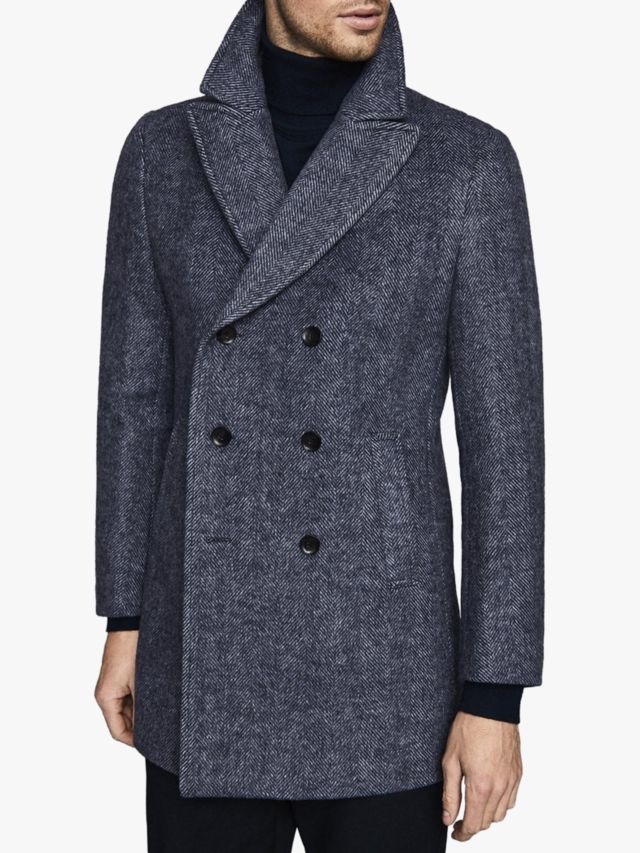 Reiss Duomo Herringbone Wool Blend Double Breasted Coat, Navy, S