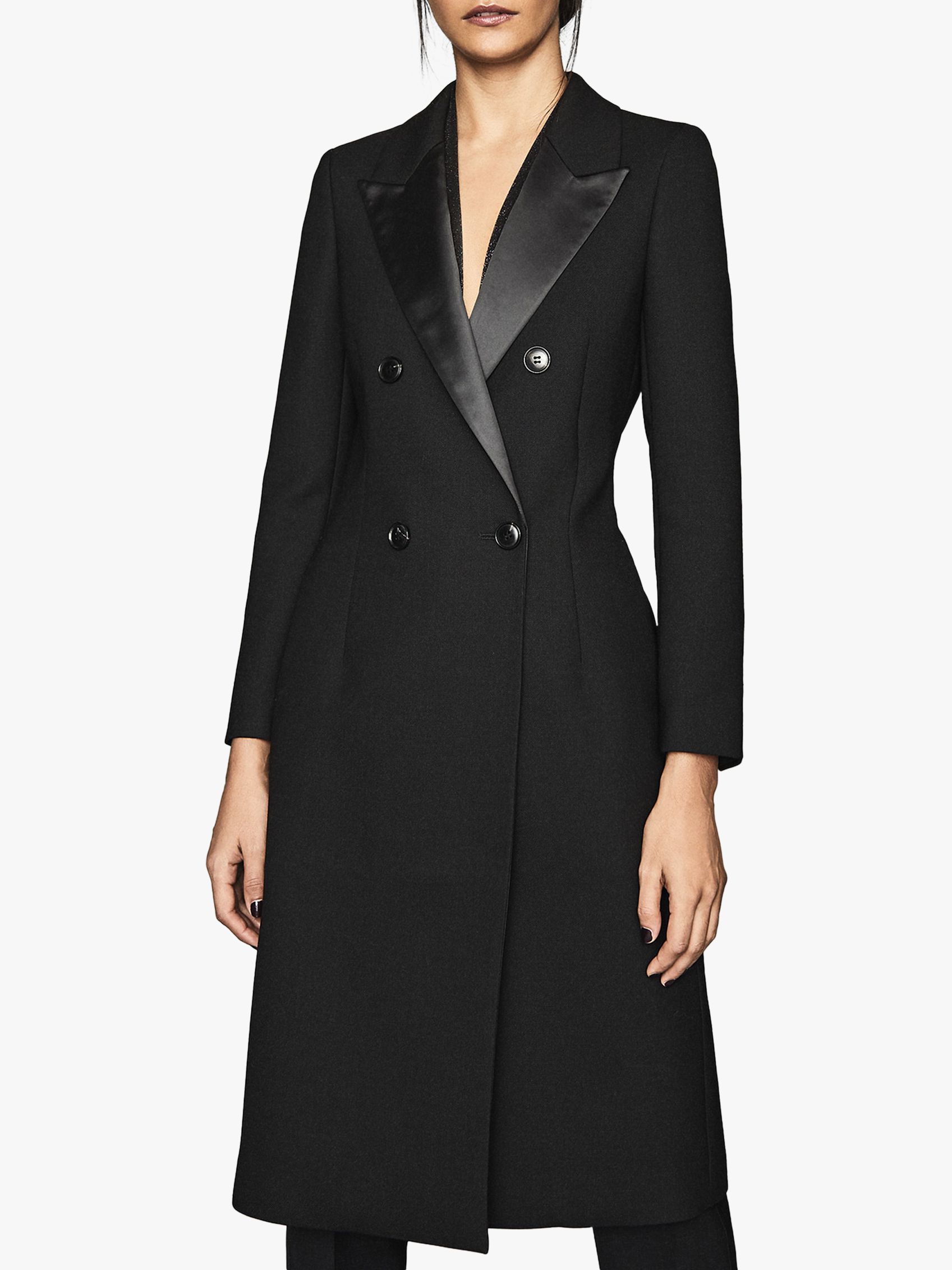 Reiss Hadi Wool Blend Tuxedo Style Long Coat, Black