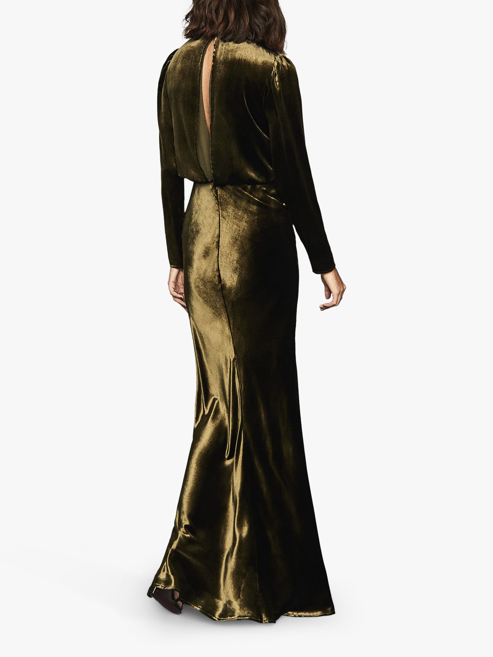 Reiss Klara Velvet Plunge Maxi Dress, Khaki, 8